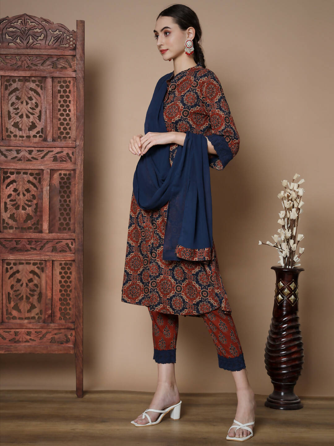 Myshka Women's Multi A-Line Kurta & Trousers With Dupatta - Distacart