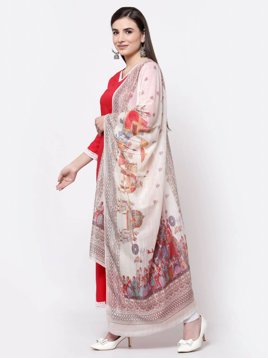 Myshka Pink Cotton Solid 3/4 Sleeve V Neck Casual Kurta Dupatta Set