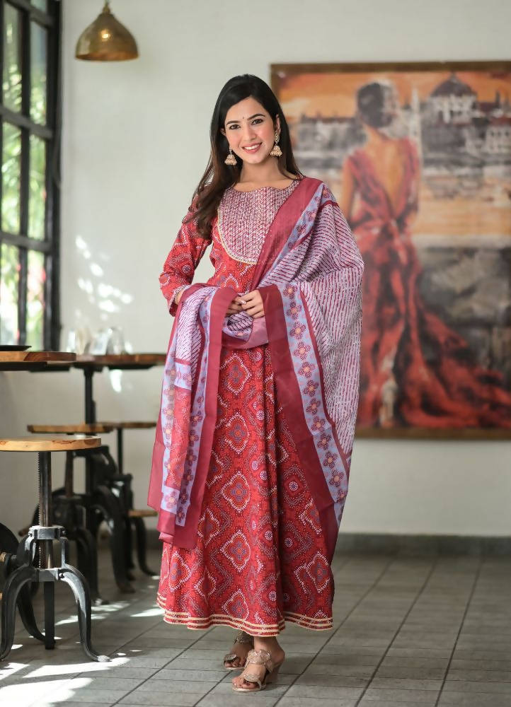 Yufta Women Red Handblock Printed A-Line Kurta & Trouser With Embroidery & Dupatta