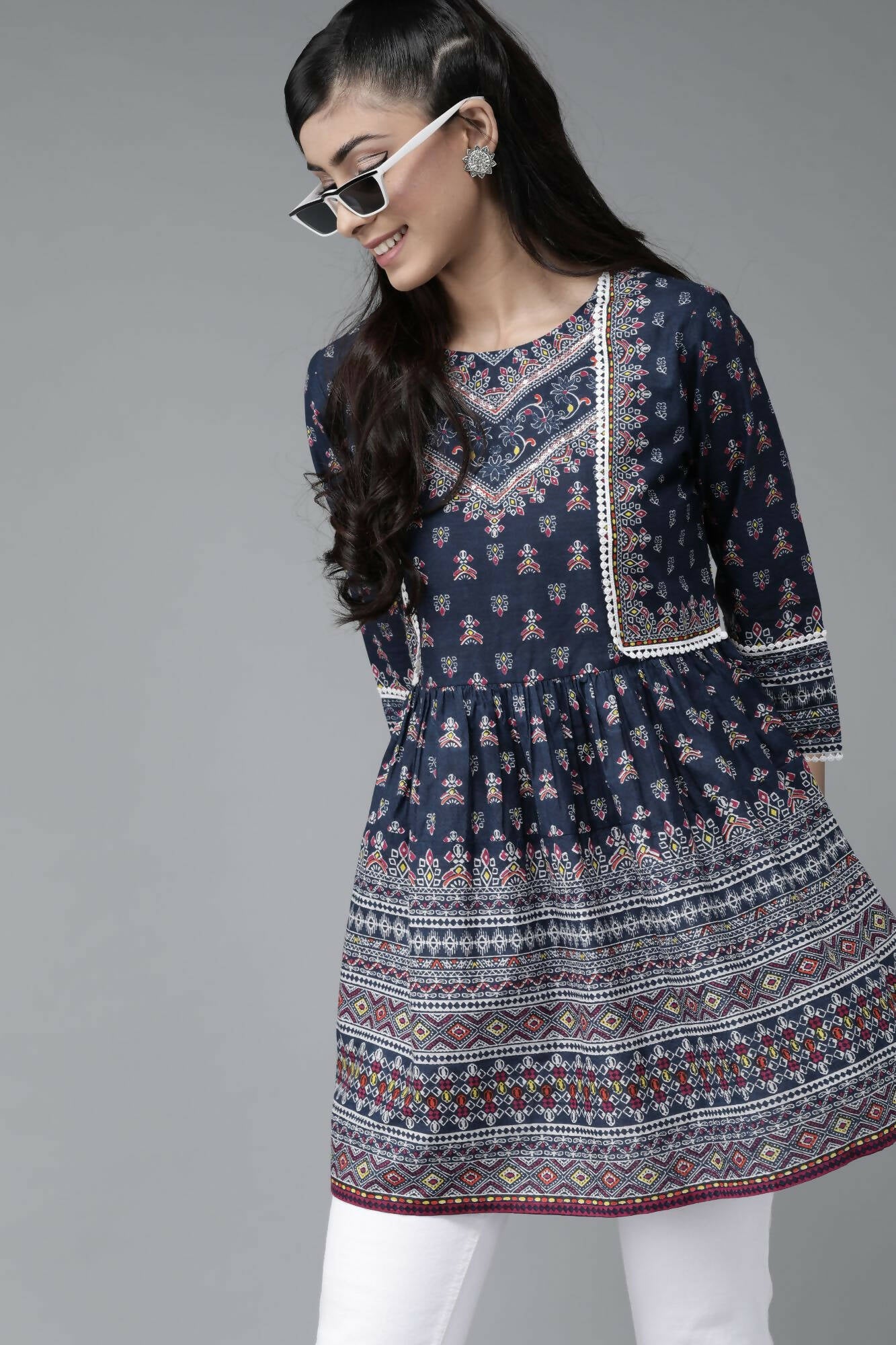 Juniper Women Indigo Cambric Printed A-Line Tunic - Distacart