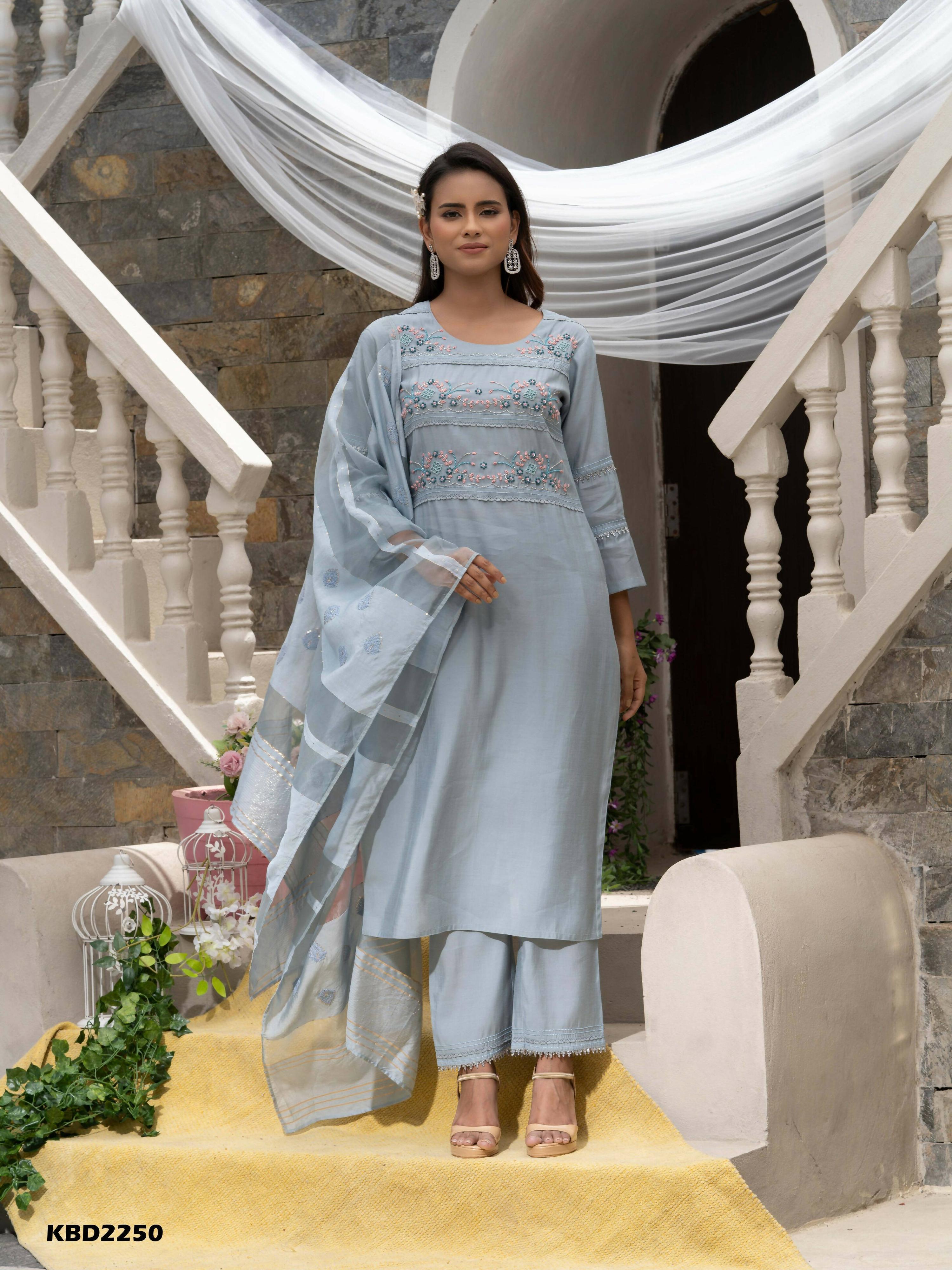 Light Blue Roman Silk Plain Kurta with Pant & Dupatta - Disha - Distacart