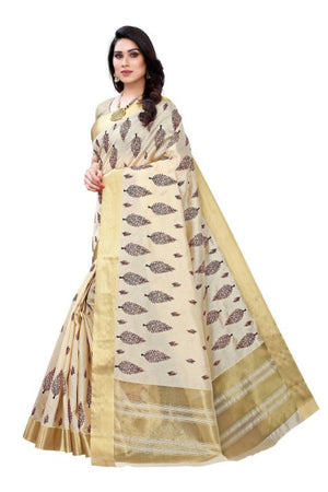 Vamika Cotton Polyester Silk Weaving Cream Saree (KERALA CRISMISTMAS)