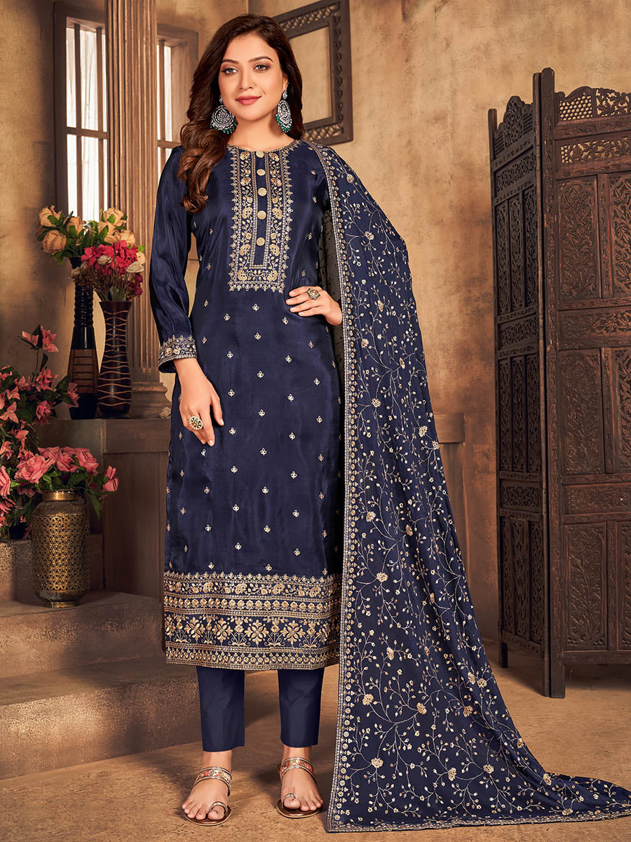 Myra Navy Blue Upada Embroidered Pant Style Suit - Distacart