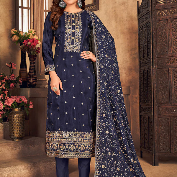 Myra Navy Blue Upada Embroidered Pant Style Suit - Distacart