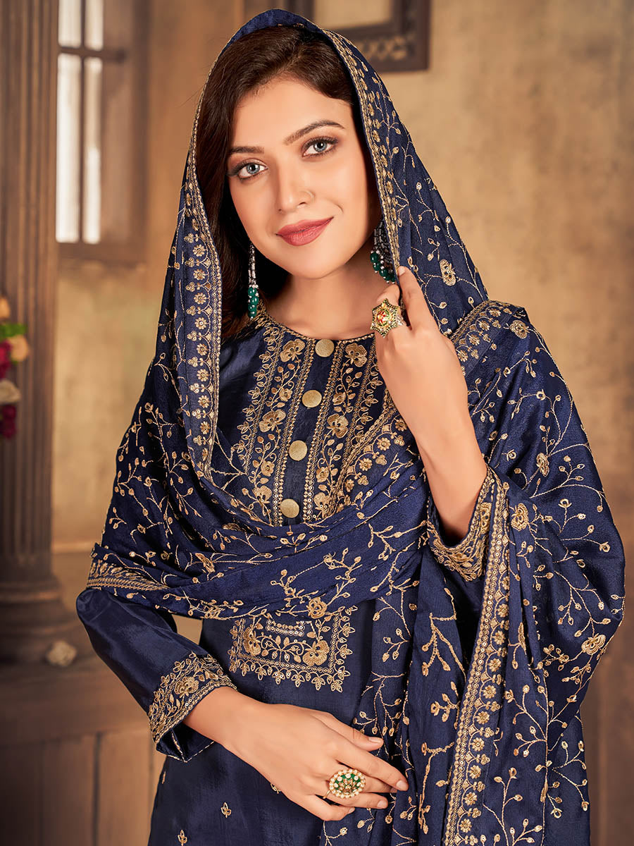 Myra Navy Blue Upada Embroidered Pant Style Suit - Distacart