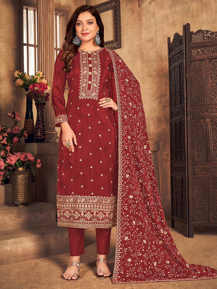 Myra Red Upada Embroidered Pant Style Suit - Distacart