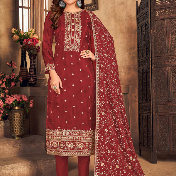 Myra Red Upada Embroidered Pant Style Suit - Distacart