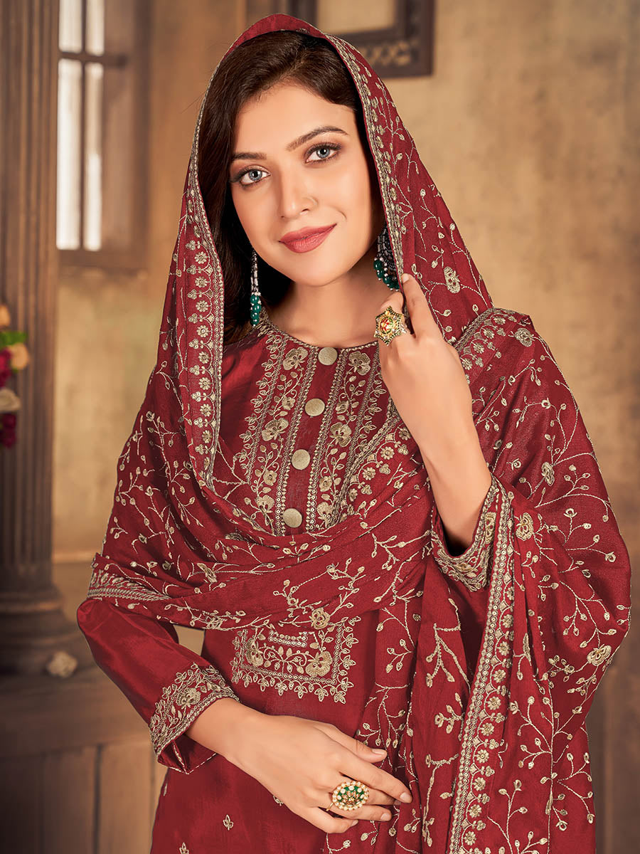 Myra Red Upada Embroidered Pant Style Suit - Distacart