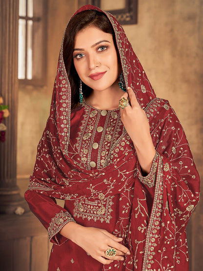 Myra Red Upada Embroidered Pant Style Suit - Distacart