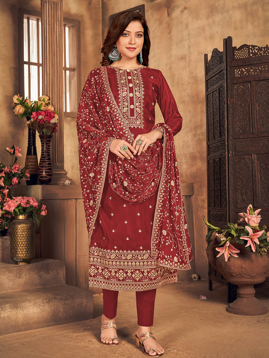Myra Red Upada Embroidered Pant Style Suit - Distacart