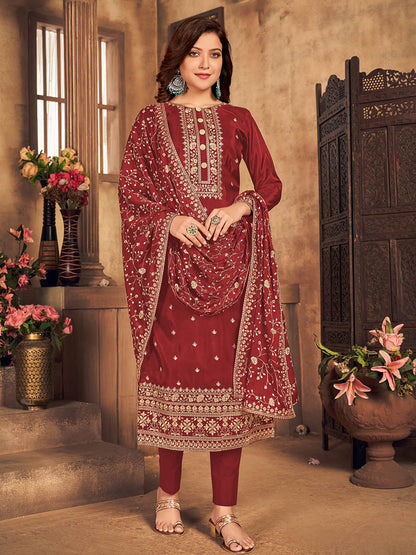 Myra Red Upada Embroidered Pant Style Suit - Distacart