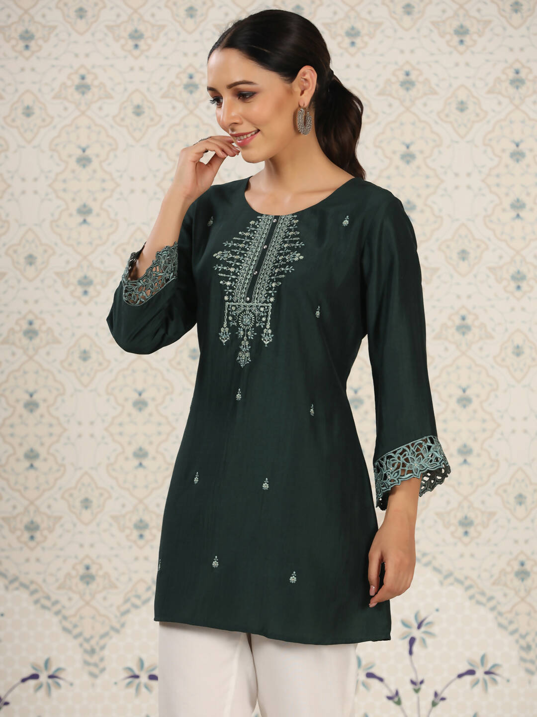 Dark Green Chinon Embroidered Straight Top - Zeny - Distacart