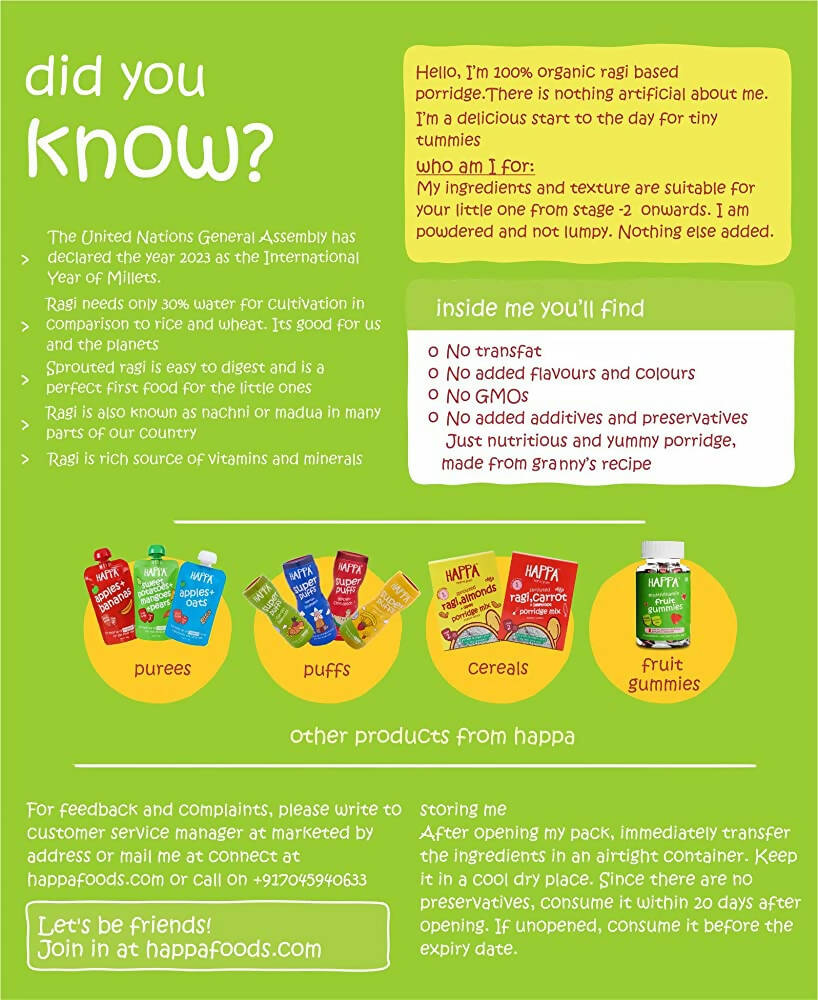 Happa Organic Baby Food Sprouted Ragi Porridge Mix-Stage 2 - Distacart