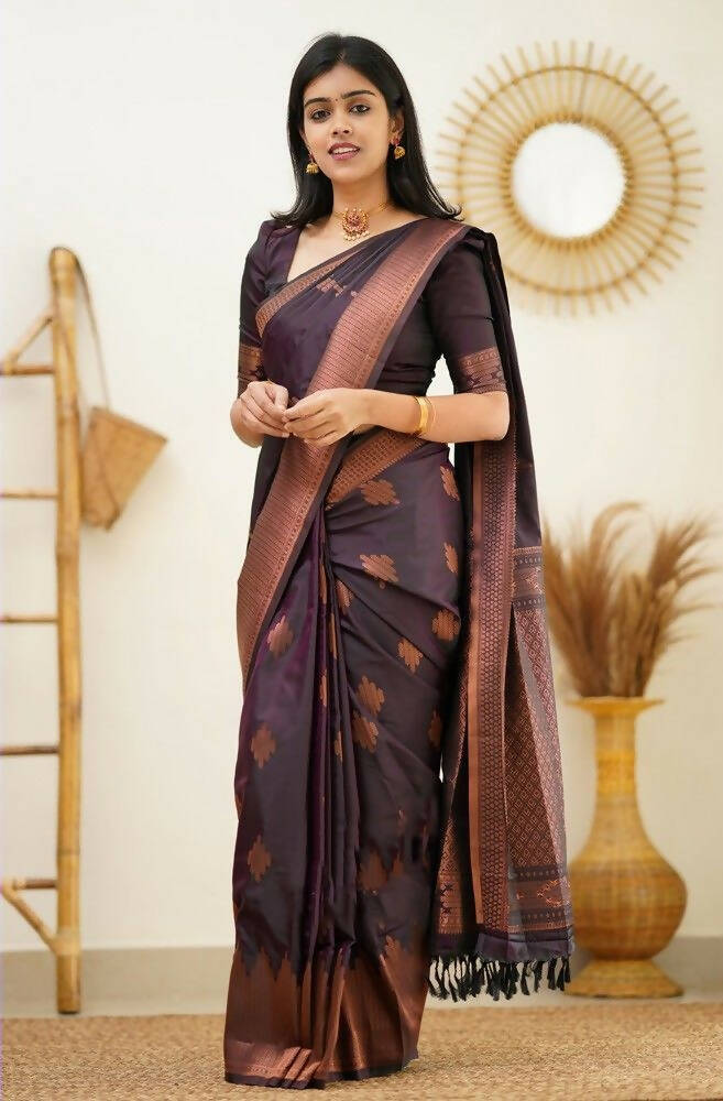 DEIANA'S Beautiful Golden Jari with New Design Soft Lichi Silk Saree - Wine - Distacart