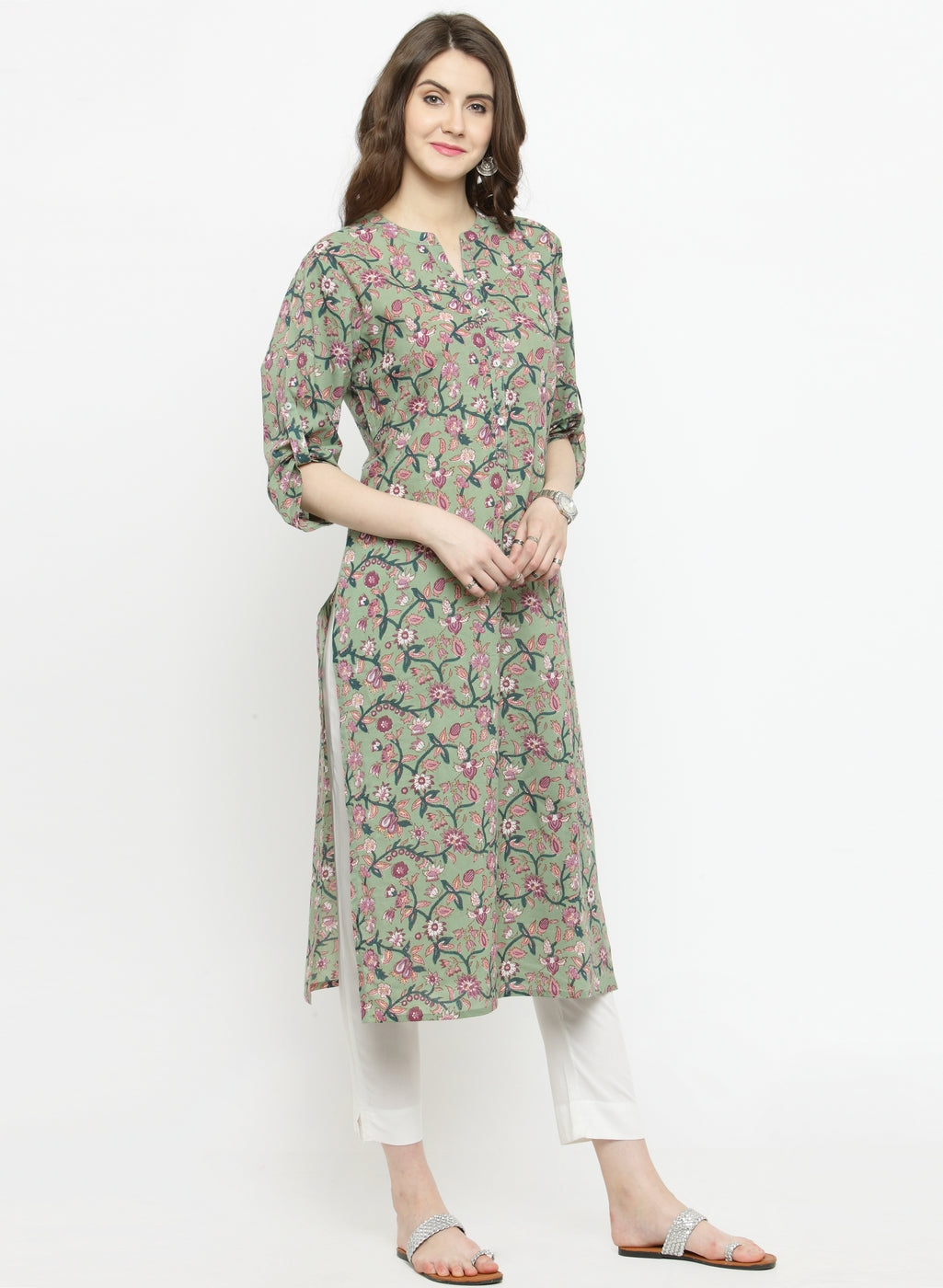 Varanga Women Olive Green & Pink Floral Printed Straight Kurta - Distacart