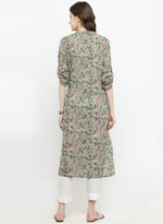 Thumbnail for Varanga Women Olive Green & Pink Floral Printed Straight Kurta - Distacart