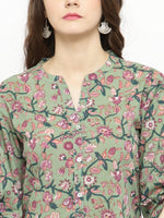 Thumbnail for Varanga Women Olive Green & Pink Floral Printed Straight Kurta - Distacart