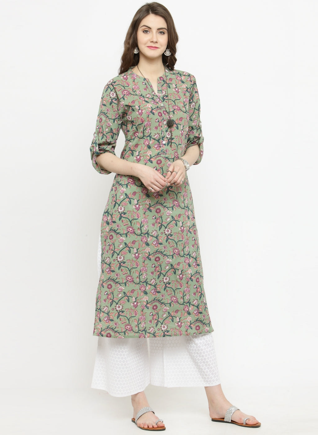 Varanga Women Olive Green & Pink Floral Printed Straight Kurta - Distacart