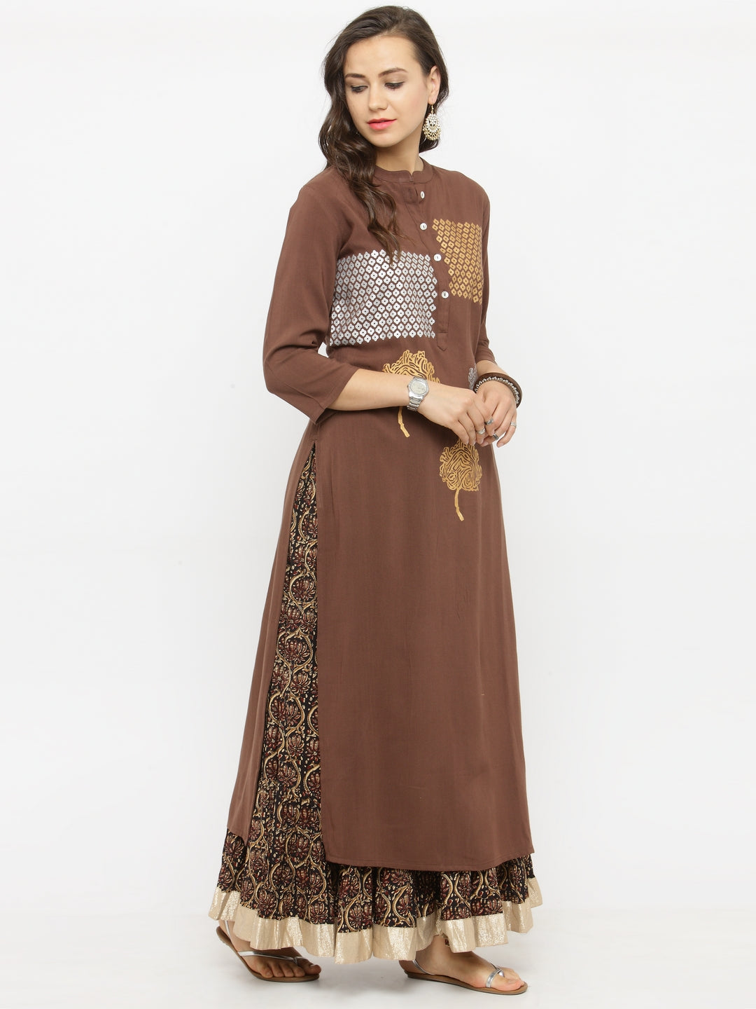 Varanga Brown Foil Printed Kurta - Distacart