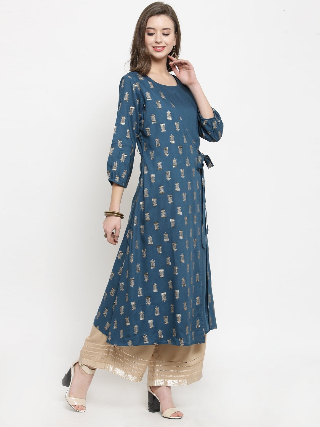 Varanga Women Teal & Beige Printed A-Line Kurta - Distacart