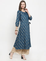 Thumbnail for Varanga Women Teal & Beige Printed A-Line Kurta - Distacart