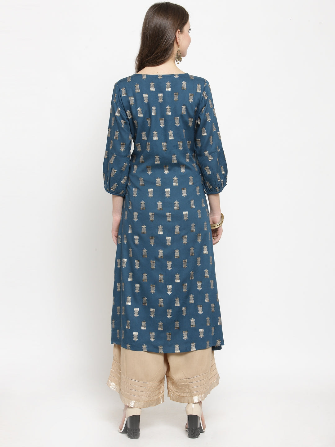Varanga Women Teal & Beige Printed A-Line Kurta - Distacart