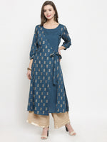 Thumbnail for Varanga Women Teal & Beige Printed A-Line Kurta - Distacart