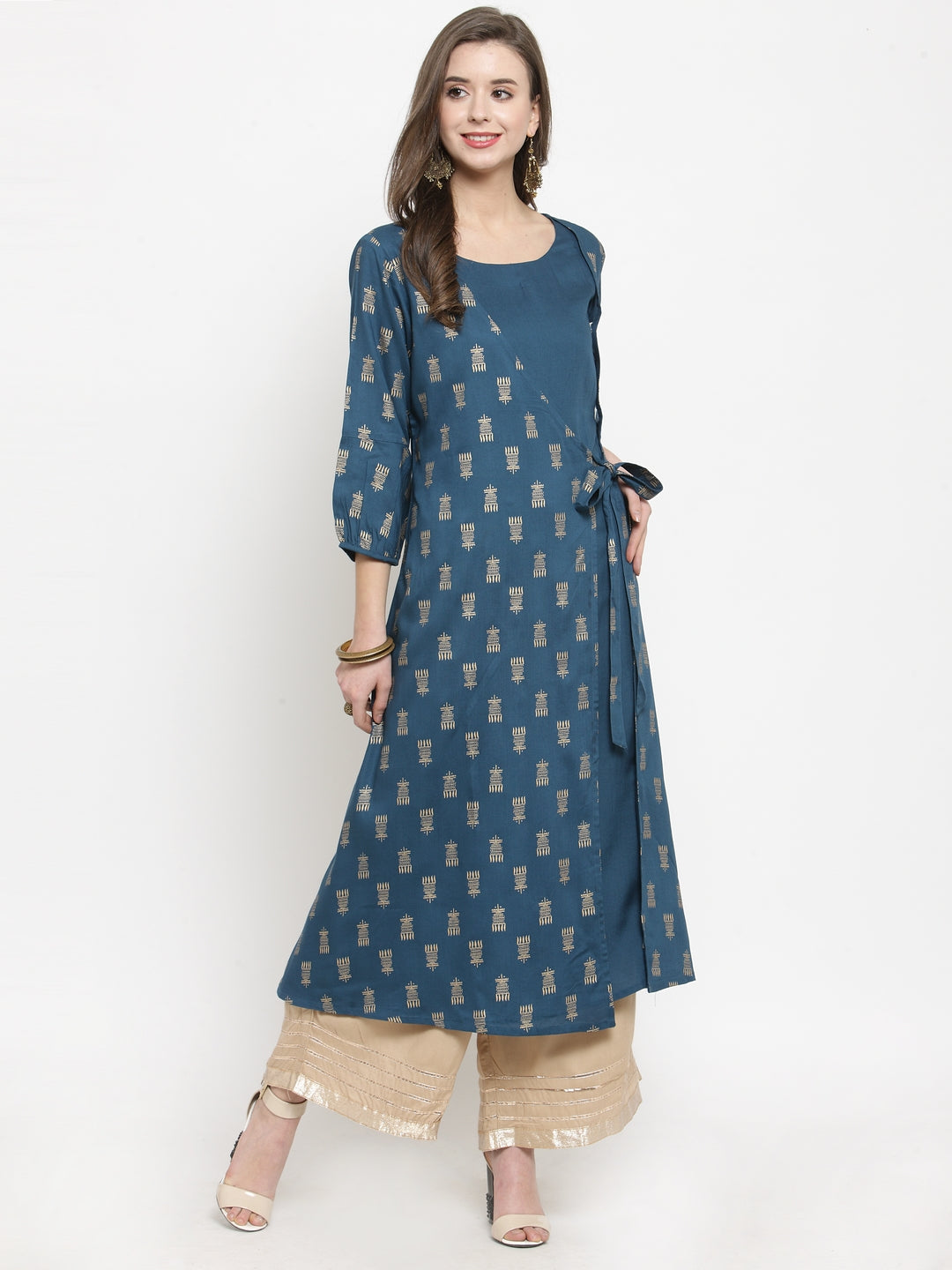 Varanga Women Teal & Beige Printed A-Line Kurta - Distacart