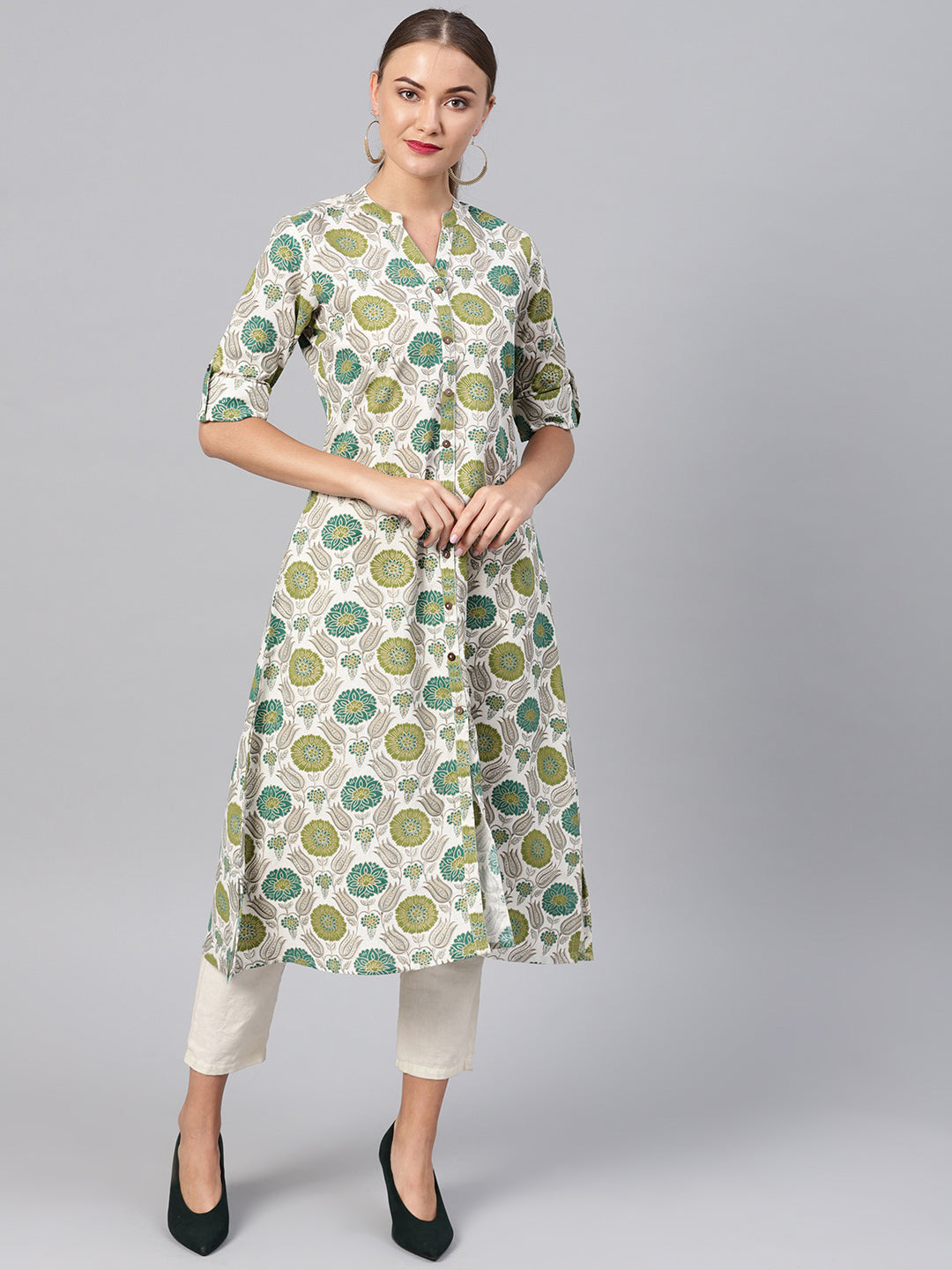 Varanga Women Off-White & Green Printed A-Line Kurta - Distacart