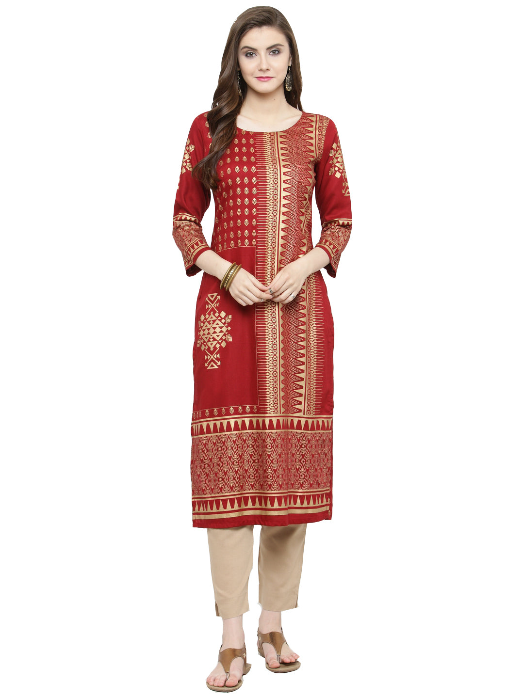 Varanga Women Maroon Printed Straight Kurta - Distacart