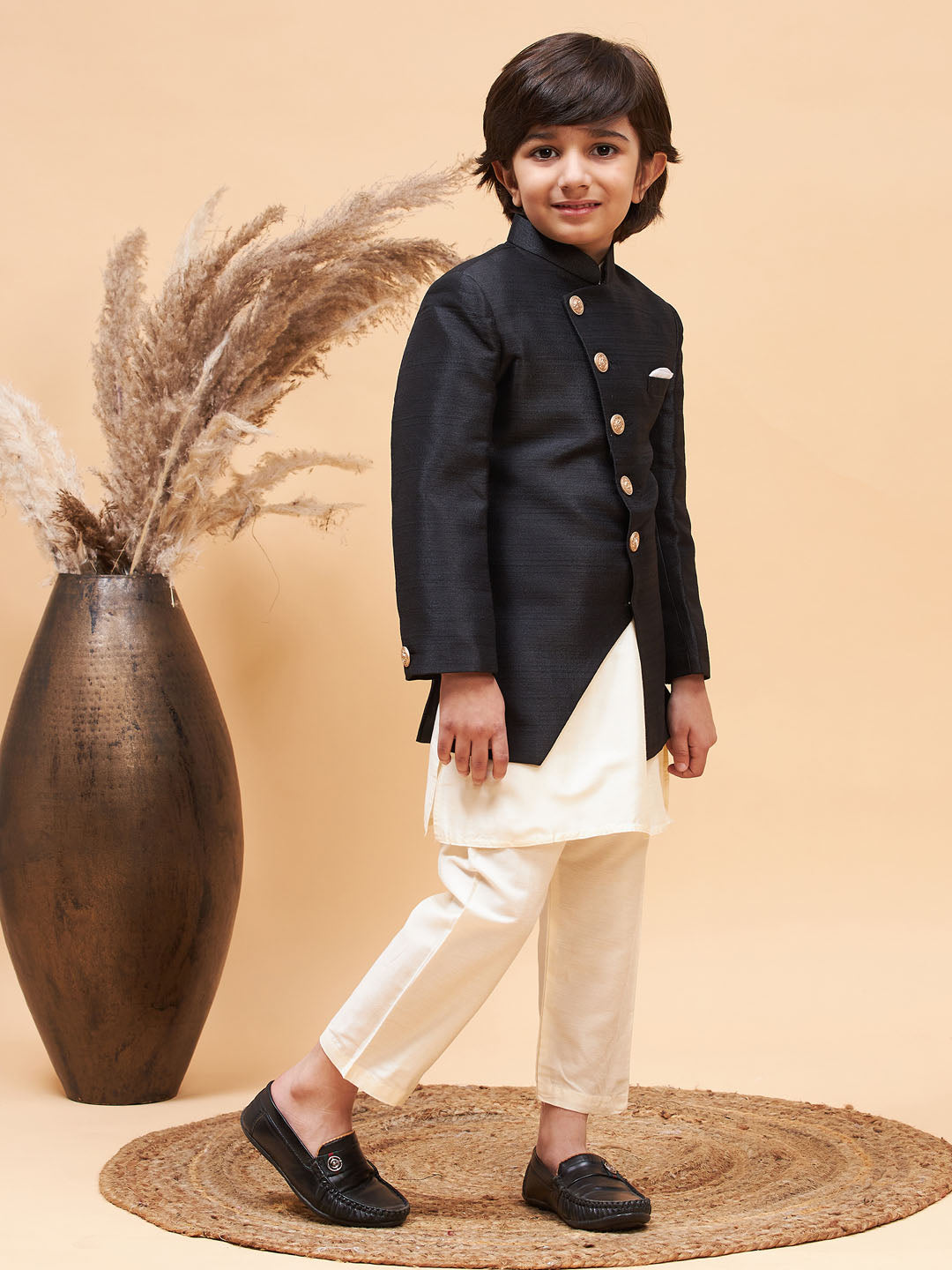 Vastramay A Set Of Angrakha Style Indo Western Over Cream Kurta Pyjama Set For Boys - Distacart