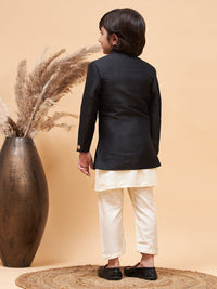 Thumbnail for Vastramay A Set Of Angrakha Style Indo Western Over Cream Kurta Pyjama Set For Boys - Distacart