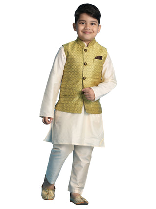 Vastramay Classic Silk Blend Banarasi Nehru Jacket with golden button with Kurta Pyjama Set For Boys - Distacart
