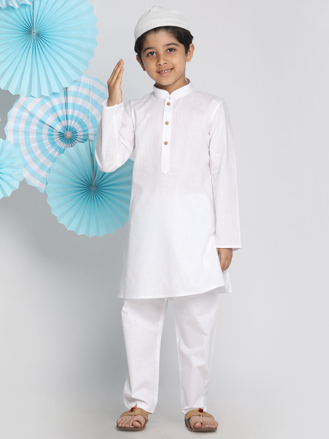 Vastramay Classic Solid Kurta In Cotton Fabric With White Pyjama And Muslim Prayer Cap For Boys - Distacart