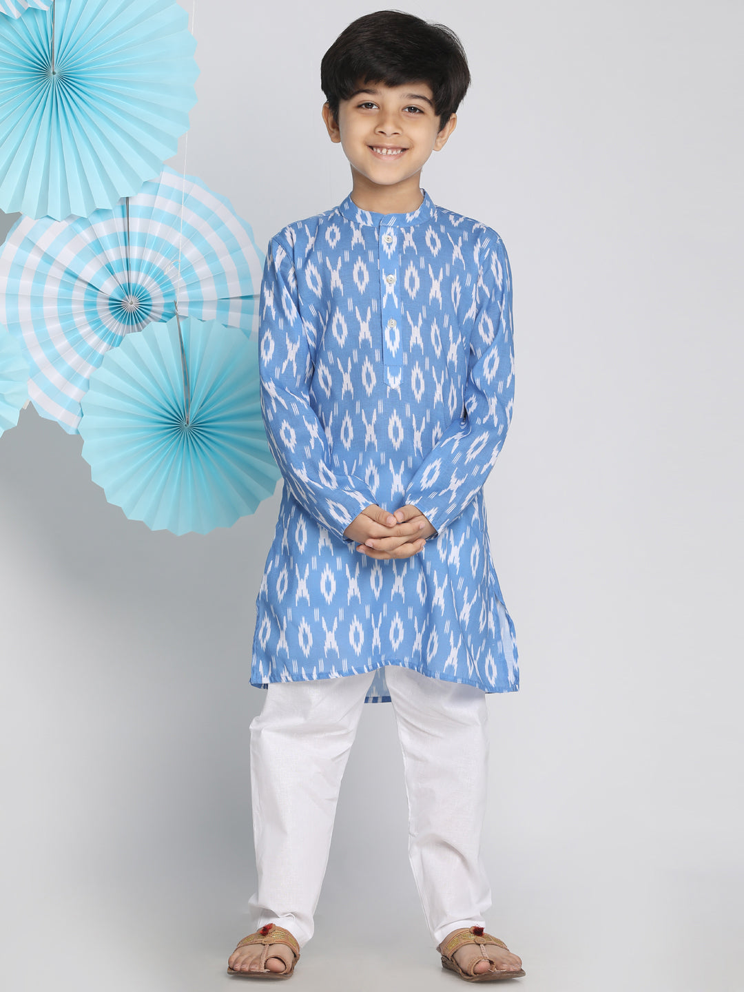 Vastramay Traditional Ikkat Print Flat Collar Kurta And Relaxed Pyjama Set For Boys - Distacart