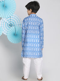 Thumbnail for Vastramay Traditional Ikkat Print Flat Collar Kurta And Relaxed Pyjama Set For Boys - Distacart