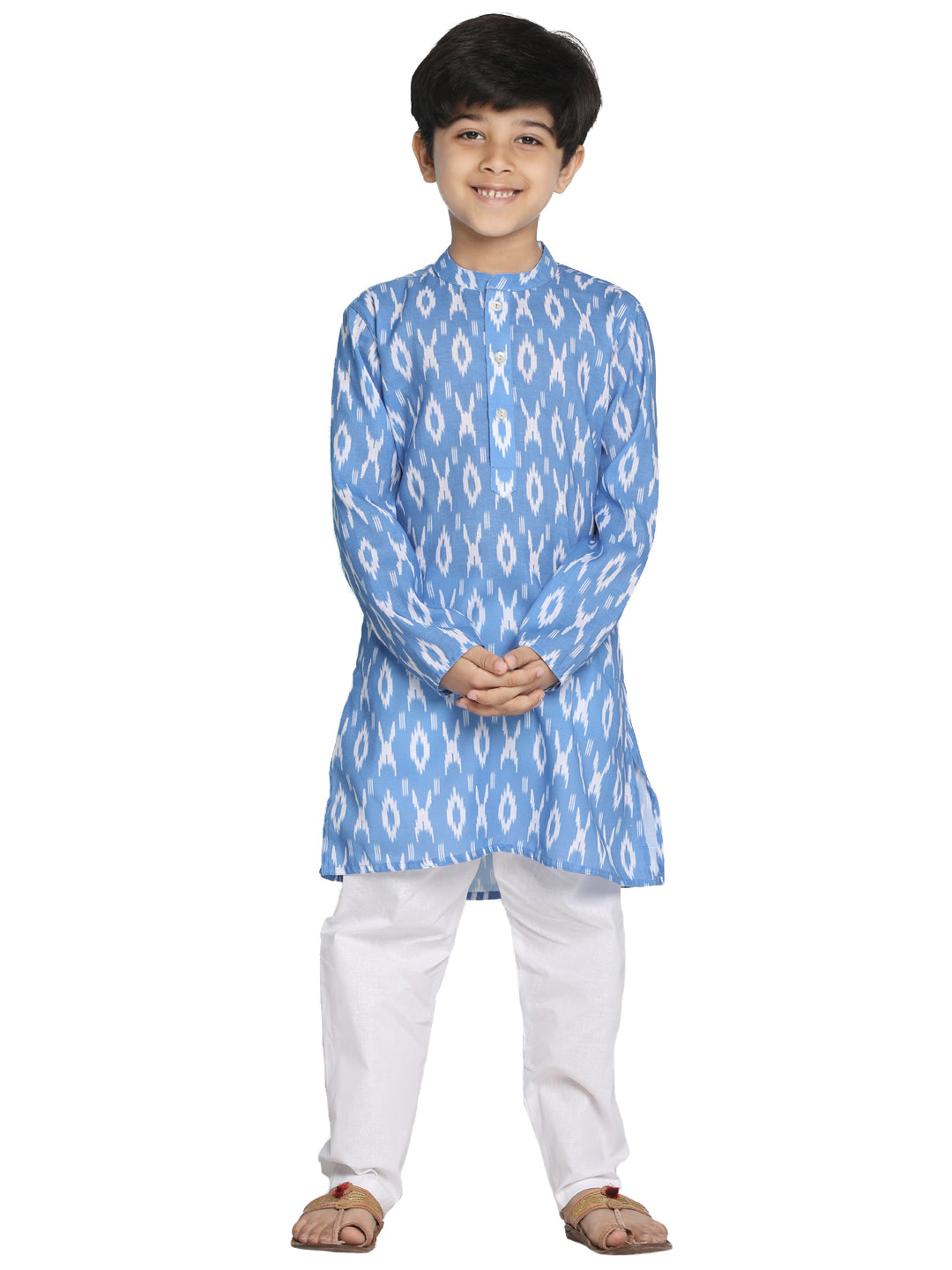 Vastramay Traditional Ikkat Print Flat Collar Kurta And Relaxed Pyjama Set For Boys - Distacart