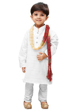 Thumbnail for Vastramay Pure Cotton White Kurta, Pyjama with a Shaded Dye Crushed Dupatta Set for Boys - Distacart