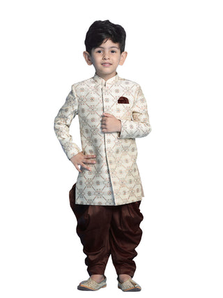 Vastramay Sleek and Smart Looking Jacquard Silk Blend Sherwani, having shimmer designs, paired with a Cowl Pattern Dhoti Pant Set For Boys - Distacart
