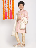 Thumbnail for Vastramay Silk Blend Pink Jacquard Sherwani Pyjama Set With Cream Dupatta For Boys - Distacart
