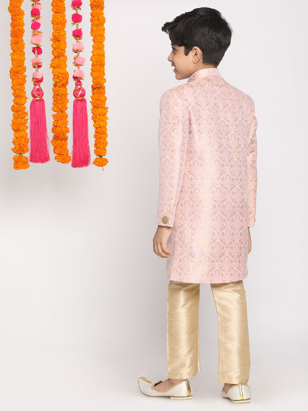 Vastramay Silk Blend Pink Jacquard Sherwani Pyjama Set With Cream Dupatta For Boys - Distacart