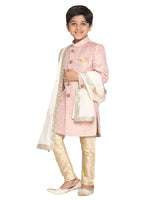Thumbnail for Vastramay Silk Blend Pink Jacquard Sherwani Pyjama Set With Cream Dupatta For Boys - Distacart