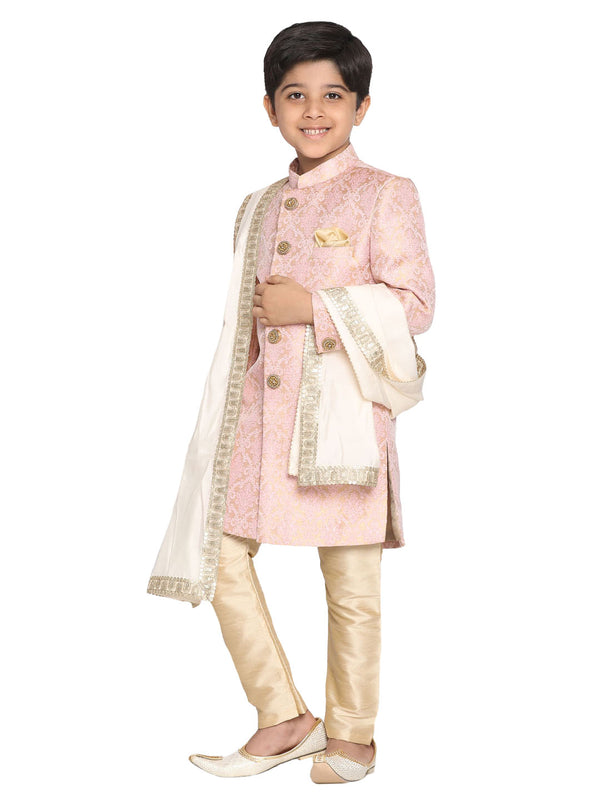 Vastramay Silk Blend Pink Jacquard Sherwani Pyjama Set With Cream Dupatta For Boys - Distacart