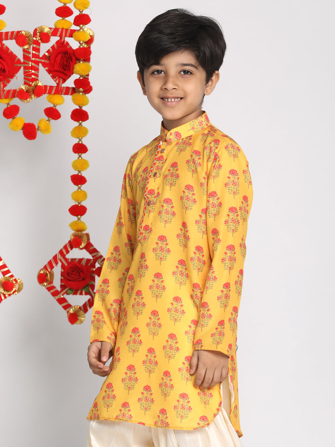 Vastramay Multi Color Base Mustard Muslin Floral Printed Curved Hem Kurta For Boys - Distacart