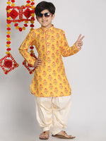 Thumbnail for Vastramay Multi Color Base Mustard Muslin Floral Printed Curved Hem Kurta For Boys - Distacart