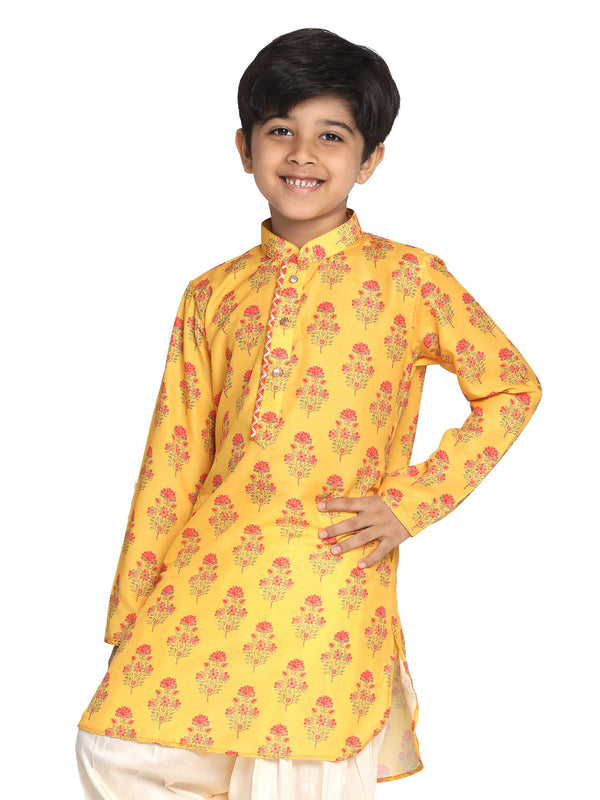 Vastramay Multi Color Base Mustard Muslin Floral Printed Curved Hem Kurta For Boys - Distacart