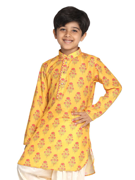 Vastramay Multi Color Base Mustard Muslin Floral Printed Curved Hem Kurta For Boys - Distacart