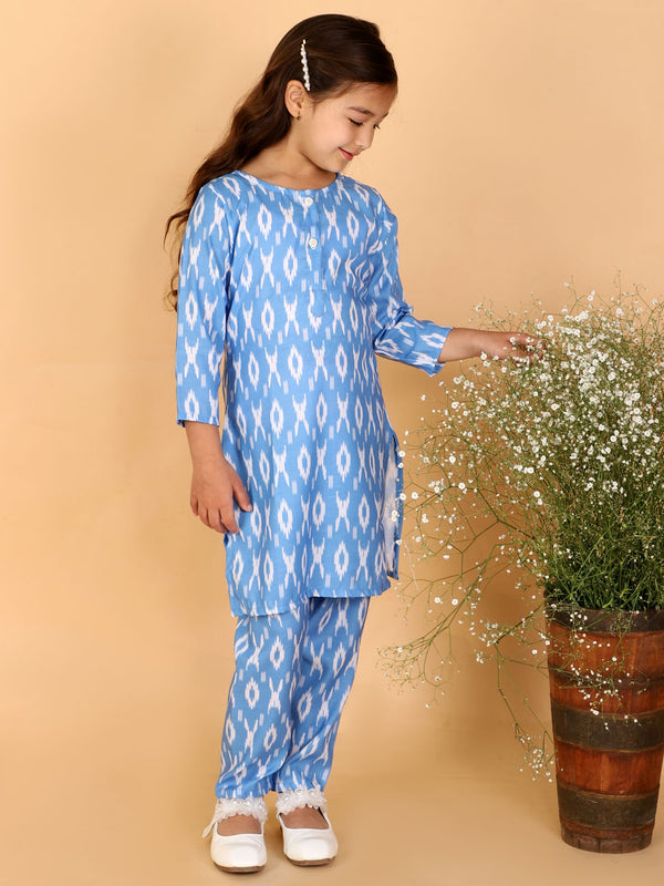 Vastramay Cotton Linen Girls Ikkat Cultural Kurta And Straight Pant Set For Girls - Distacart