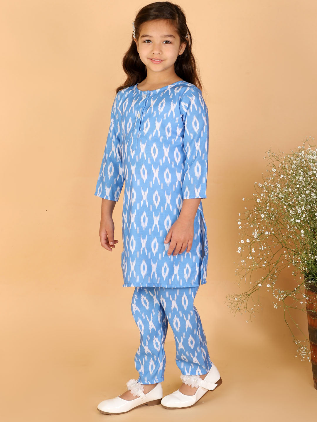 Vastramay Cotton Linen Girls Ikkat Cultural Kurta And Straight Pant Set For Girls - Distacart