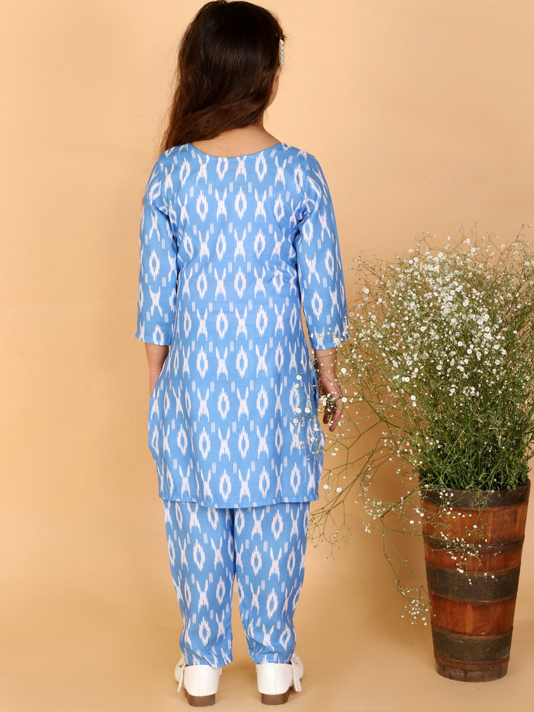 Vastramay Cotton Linen Girls Ikkat Cultural Kurta And Straight Pant Set For Girls - Distacart